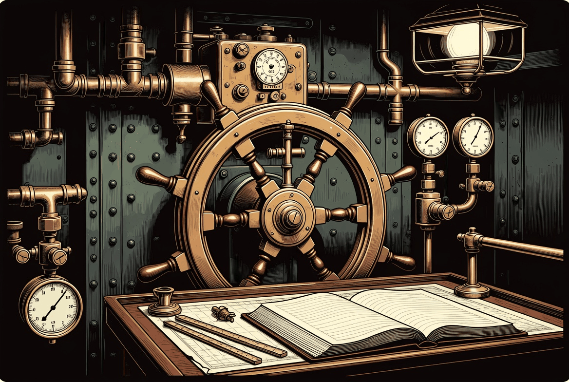 A ship's chart room: a brass wheel, an open logbook and charting instruments.