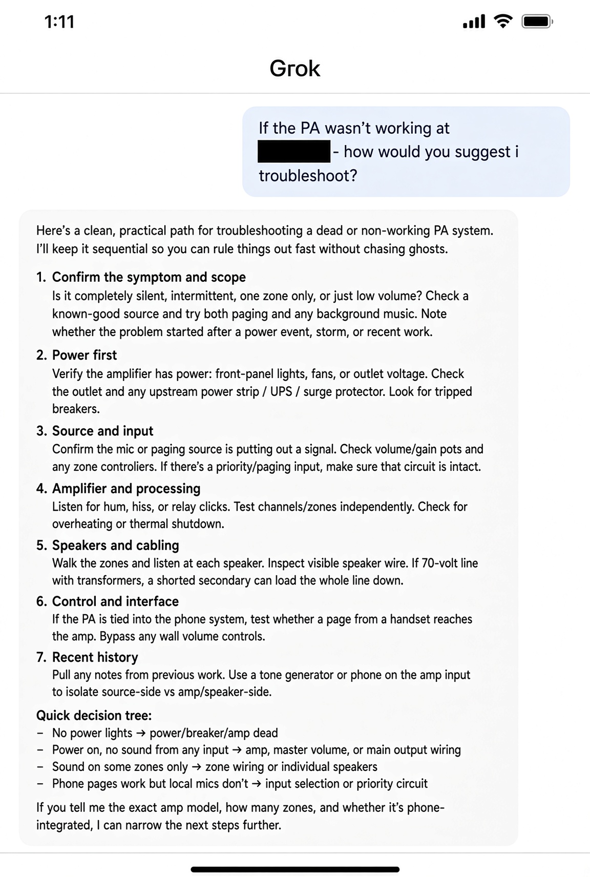 A phone screen. Asked how to troubleshoot a dead PA system, the assistant gives seven general steps and a short decision tree, then asks the user to supply the amp model, the number of zones, and whether the system is phone-integrated.
